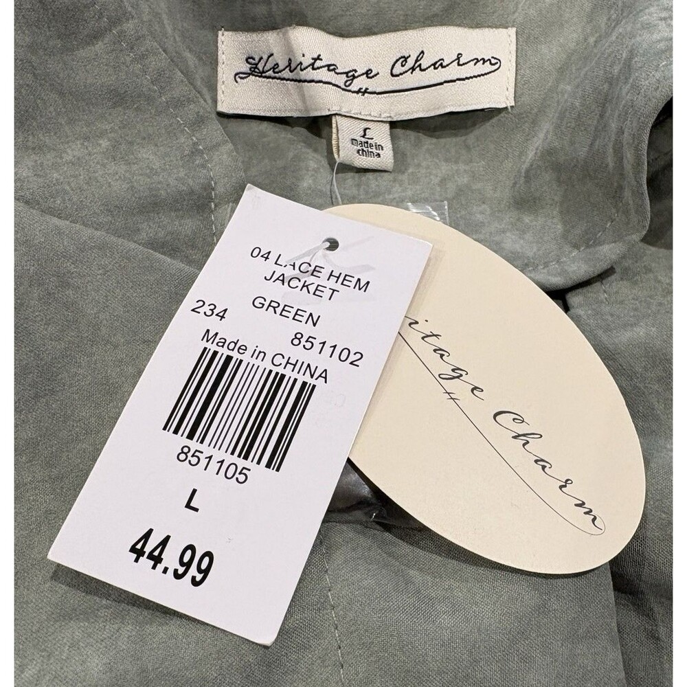 Heritage Charm Jacket Womens Size L Eyelet Ruffle Lace Boho Sage Green Artsy NWT - Picture 10 of 11